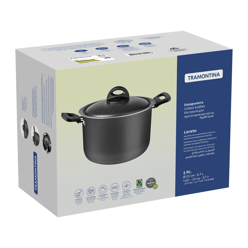 Olla Pasta Tramontina Loreto en Aluminio con Revestimiento Interno y Externo en Antiadherente Starflon Max Grafito 22 cm 5,7 L