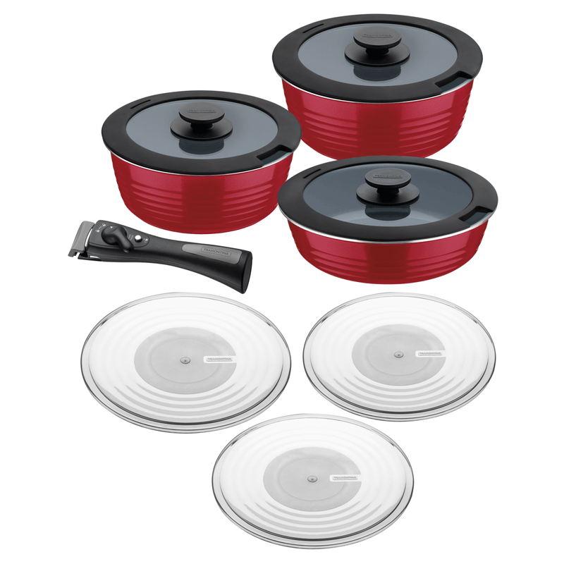 Bateria de Cocina Multiuso Tramontina Itria en Aluminio con Revestimiento Interno y Externo Ceramico Rojo 10 Piezas