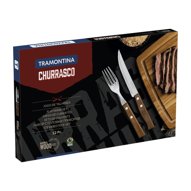Juego de Cubiertos para Asado Tramontina con Laminas de Acero Inoxidable y Mangos de Madera Natural, 12 piezas.