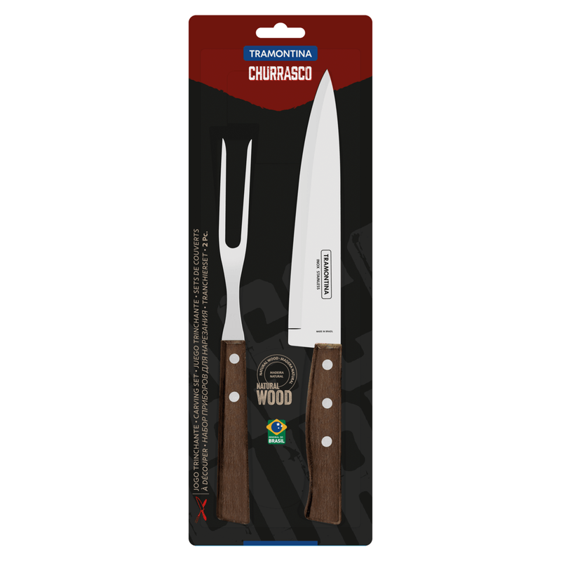 Juego Trinchante para Asado Tramontina con Laminas de Acero Inoxidable y Mangos de Madera Natural 2 Piezas