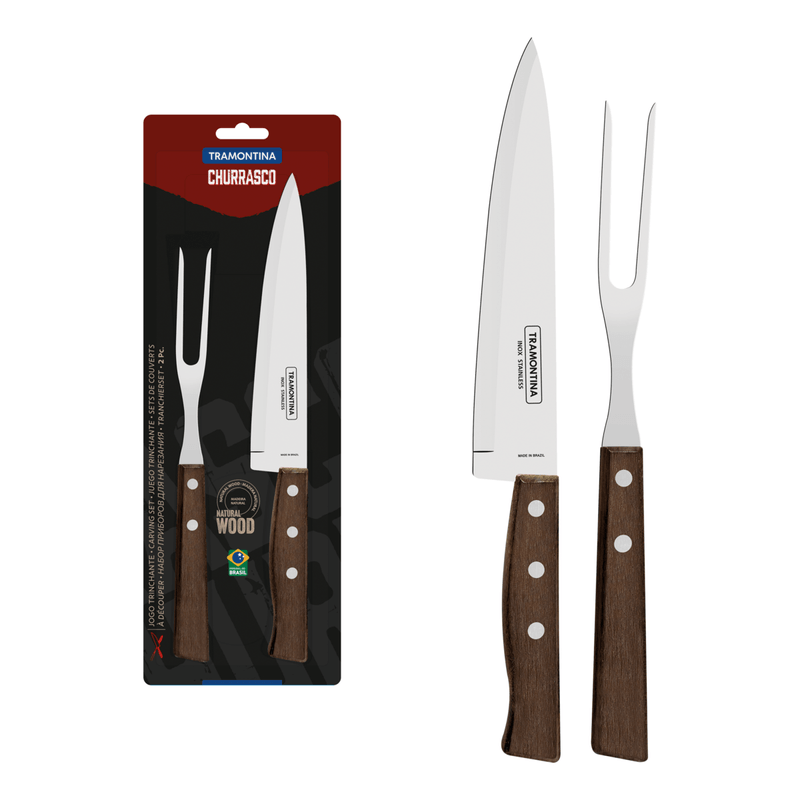 Juego Trinchante para Asado Tramontina con Laminas de Acero Inoxidable y Mangos de Madera Natural 2 Piezas