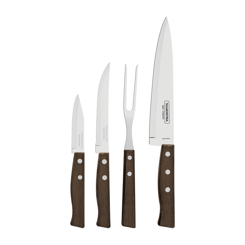 Juego de Cuchillos Tramontina Tradicional con Laminas en Acero Inoxidable y Mangos en Madera Natural 04 Piezas