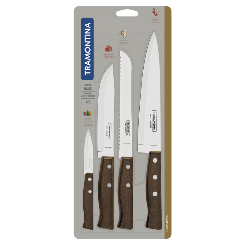 Juego de Cuchillos Tramontina Tradicional con Laminas en Acero Inoxidable y Mangos de Madera Natural 04 Piezas