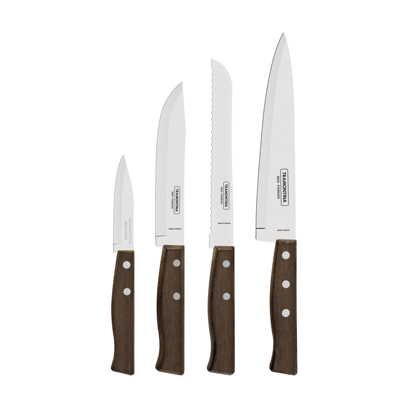 Juego de Cuchillos Tramontina Tradicional con Laminas en Acero Inoxidable y Mangos de Madera Natural 04 Piezas
