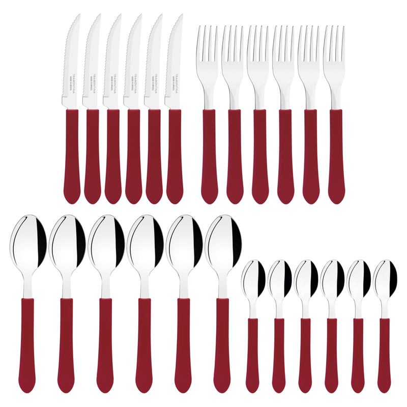 Juego de Cubiertos Tramontina Leme con Laminas de Acero Inoxidable y Mangos de Polipropileno Rojo con Cubiertera 25 Piezas