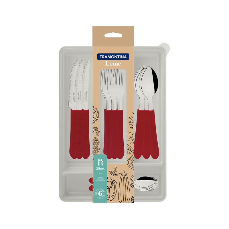 Juego de Cubiertos Tramontina Leme con Laminas de Acero Inoxidable y Mangos de Polipropileno Rojo con Cubiertera 25 Piezas