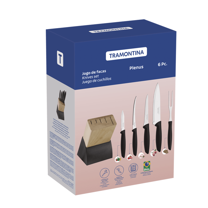 Juego de Cuchillos Tramontina Plenus con Laminas en Acero Inoxidable Mangos de Polipropileno Negro y Soporte de Madera 6 Piezas