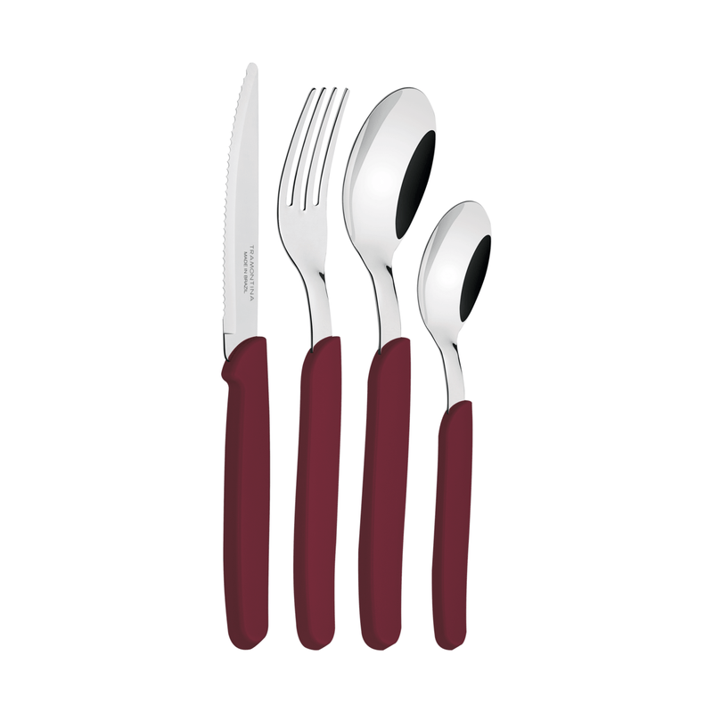 Juego de Cubiertos Tramontina Carmel con Láminas de Acero Inoxidable y Mangos de Polipropileno Carmín Oscuro 24 Piezas