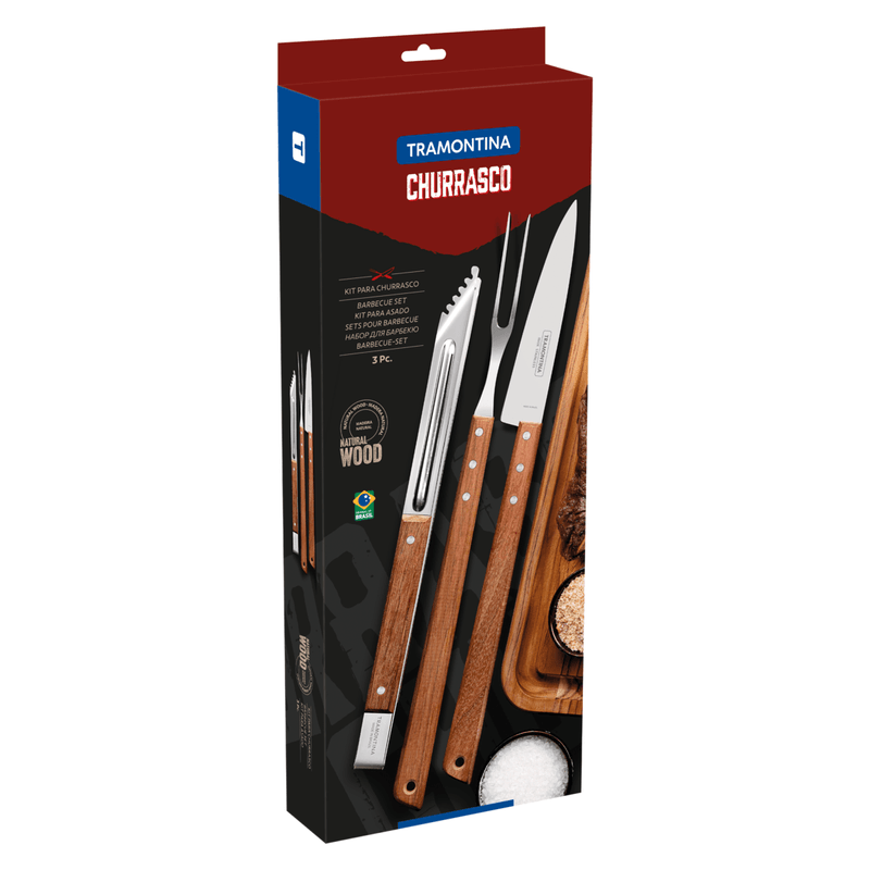 Kit para asado Tramontina de acero inoxidable y madera con pinza, 3 piezas.