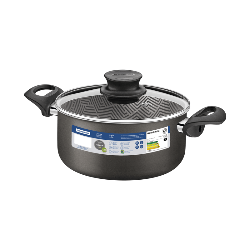 Cacerola Tramontina Paris en Aluminio con Revestimiento Interno y Externo Antiadherente Starflon Max Plomo con Tapa de Vidrio 22 cm 3