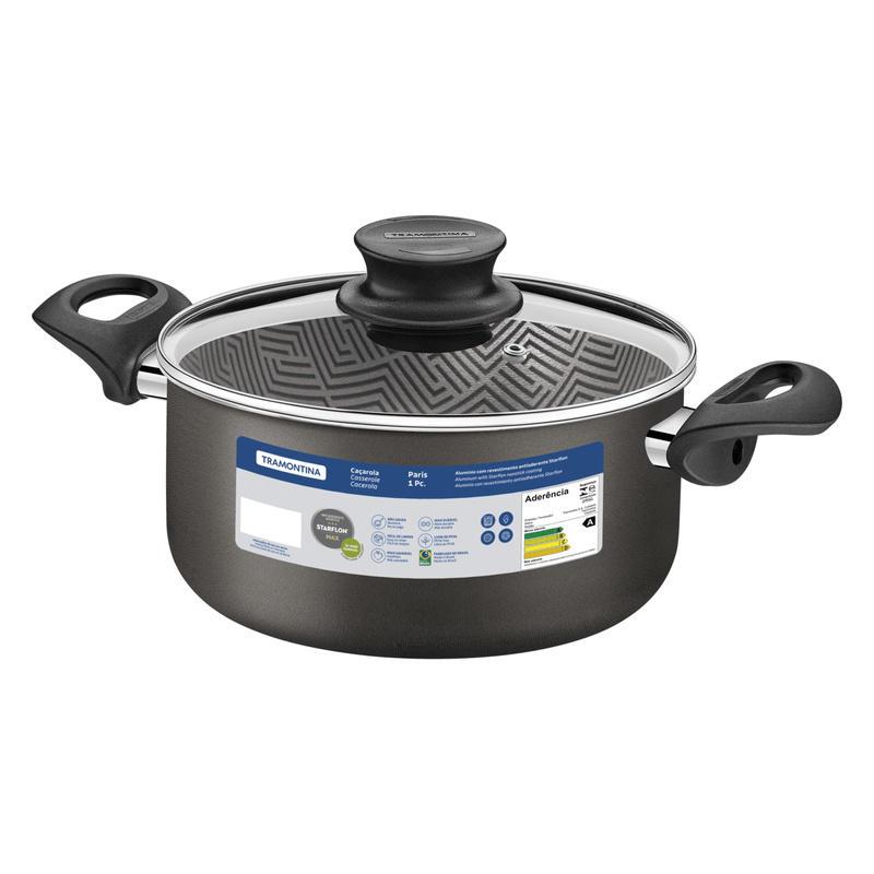 Cacerola Tramontina Paris en Aluminio con Revestimiento Interno y Externo Antiadherente Starflon Max Plomo con Tapa de Vidrio 28 cm 8 L