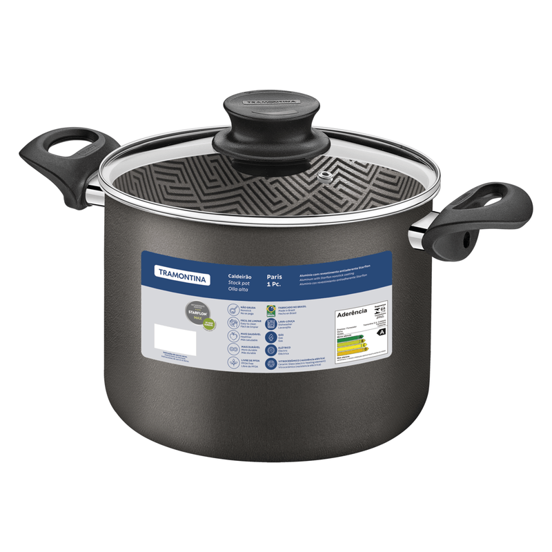 Olla Alta Tramontina Paris en Aluminio con Revestimiento Interno y Externo Antiadherente Starflon Max Plomo con Tapa de Vidrio 28 cm 11