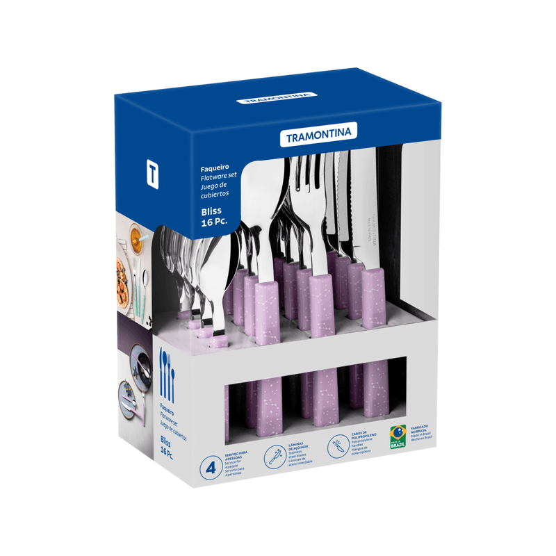 Juego de Cubiertos Tramontina Bliss con Laminas en Acero Inoxidable y Mangos de Polipropileno Lavanda 16 Piezas