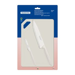 Kit para Carnes y Legumbres Plenus 3 Piezas con Láminas en Acero Inoxidable Mangos de Polipropileno Off White y Tabla para Cortar