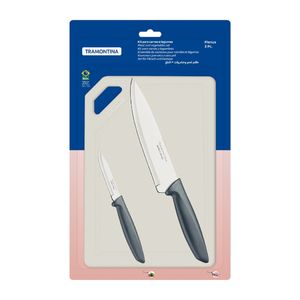 Kit para Carnes y Legumbres Plenus 3 Piezas con Láminas en Acero Inoxidable Mangos de Polipropileno Gris y Tabla para Cortar