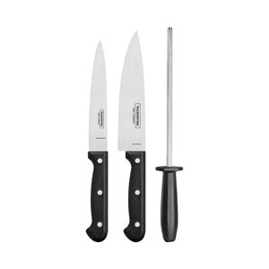 Juego de Cuchillos con Chaira Ultracorte 3 Piezas con Láminas de Acero Inoxidable y Mangos de Polipropileno Negro