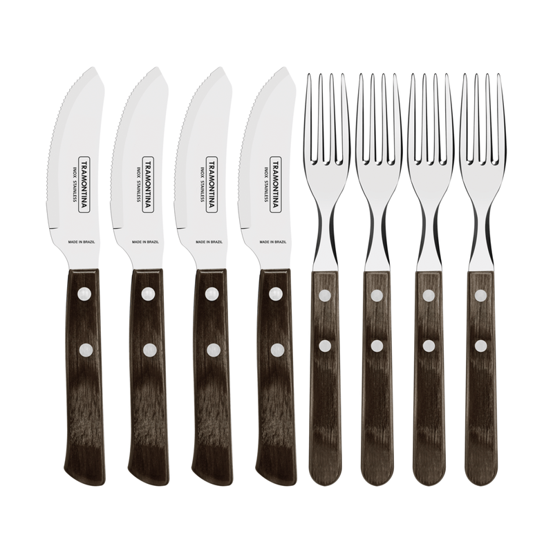 Juego de Cubiertos para Pizza Tramontina con Laminas en Acero Inoxidable y Mangos de Madera Tratada Polywood CastaI±o de 8 Piezas